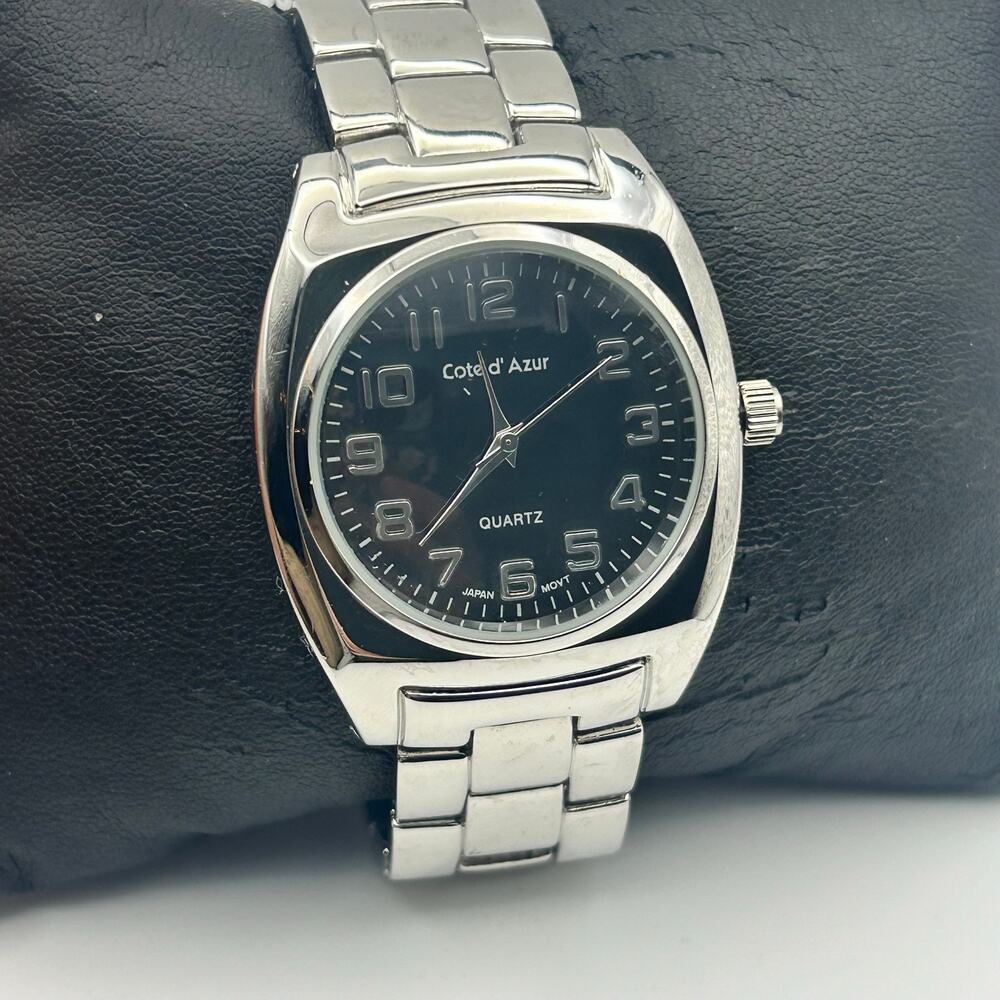 Cote d'Azur Silver Tone Black Dial Stainless Steel Men’s Watch New Battery